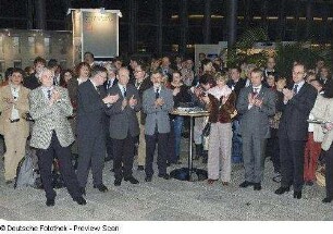 Dr. Thomas Bürger, Generaldirektor der SLUB Dresden, Barbara Ludwig, Staatsministerin für Wissenschaft und Kunst in Sachsen, Ingolf Roßberg, Oberbürgermeister der Stadt Dresden, und Prof. Hermann Kokenge, Rektor der TU Dresden, bei der Eröffnung "Get together"