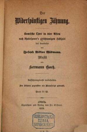 Der Widerspänstigen Zähmung : komische Oper in vier Akten