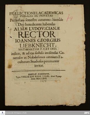 Vorlesungsverzeichnis der Universität Gießen für das Herbstsemester 1717.