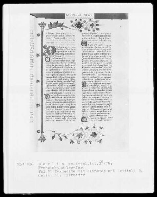 Franziskanisches Brevier — Initiale D, darin der heilige Sylvester, Folio 31recto
