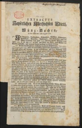 Extractus Kayserlichen Allerhöchsten Edicts, in Münz-Sachen, de dato Wien den 13ten Augusti 1759