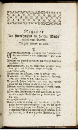 Register der fürnehmsten in diesem Buche enthaltenen Sachen.