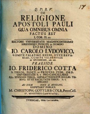 De religione apostoli Pauli, qua omnibus omnia factus est : I. Cor. IX, 22