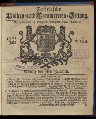 1. Stueck, Montag den 7ten Januarii 1765