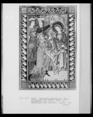 Psalterium, HS 1833: Fol. 8, Anbetung des Christuskindes durch die Heiligen Drei Könige