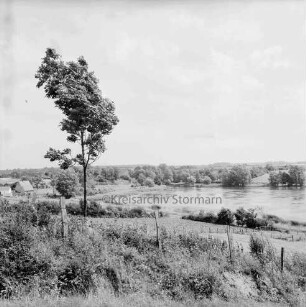 Moorteich: vorn Gestrüpp, Zaun und Wiese mit Baum: hinten links Häuser
