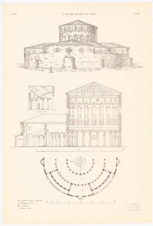 Santo Stefano Rotondo, Rom: Ansicht, Querschnitt, Grundriss (aus: Altchristl. u. roman. Baukunst, hrsg. v. Zeichenaussch. d. Stud. d. TH Berlin, 1875)