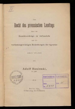 Das Recht des preussischen Landtags über die Handelsverträge zu verhandeln und die verfassungswidrigen Bestrebungen der Agrarier