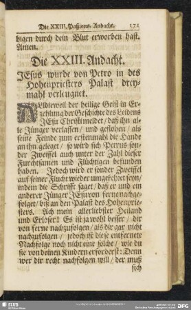 Die XXIII. Andacht. Jesus wurde von Petro in des Hohenpriesters Palast dreymahl verleugnet