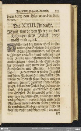 Die XXIII. Andacht. Jesus wurde von Petro in des Hohenpriesters Palast dreymahl verleugnet