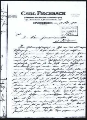 Firmenbriefkopf Fischbach, Carl, Sägewerk mit Wasser - u.Dampfbetrieb, Zimmerei u. Schreinerei