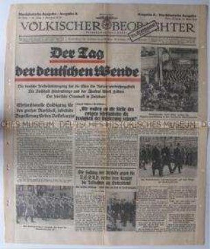 Titelblatt der Nationalsozialistischen Tageszeitung "Völkischer Beobachter" zum "Tag von Potsdam"