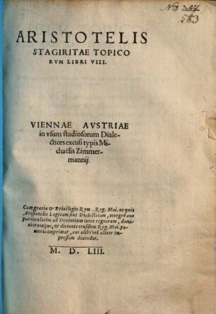 Aristotelis Stagiritae Topicorvm Libri VIII