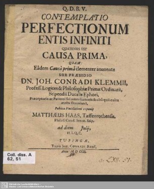 Contemplatio Perfectionum Entis Infiniti Quatenus Est Causa Prima ...