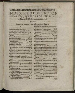 Index Rerum Præcipuarum, Quæ Carolinis Hisce Notis & Observationibus continentur.