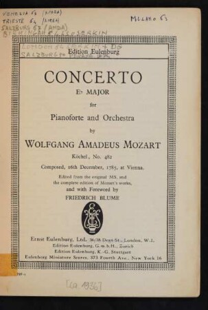 Concerto E♭ major for pianoforte and orchestra : Köchel, No. 482