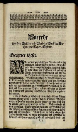Vorrede über den Dritten und Vierdten Theil der Kirchen- und Ketzer-Historie.