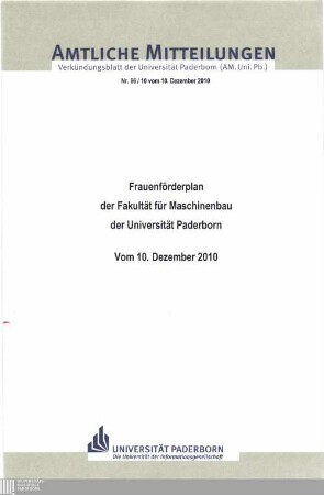 Frauenförderplan der Fakultät für Maschinenbau der Universität Paderborn : vom 10. Dezember 2010