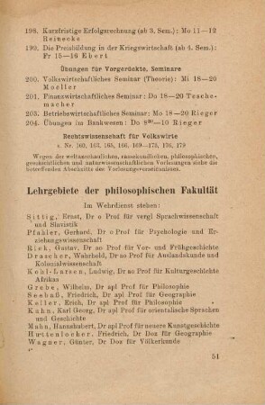 51-60, Lehrgebiete der philosophischen Fakultät