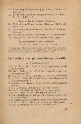 51-60, Lehrgebiete der philosophischen Fakultät