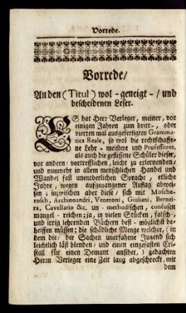 Vorrede / An den (Titul) wol-geneigt- und bescheidenen Leser
