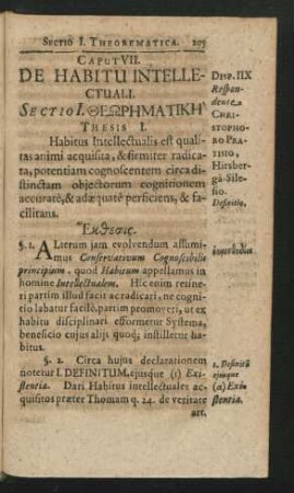Caput VII. De Habitu Intellectuali. Disp. IIX. Respondente Christophoro Pratisio