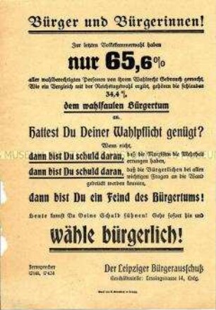 Aufruf des Leipziger Bürgerausschusses zur Wahl bürgerlicher Parteien bei einer Kommunalwahl