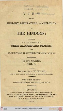 Band 1: A View of the History, Literature, and Religion of the Hindoos