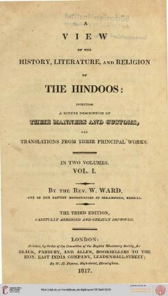 Band 1: A View of the History, Literature, and Religion of the Hindoos