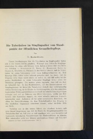 Die Tuberkulose im Säuglingsalter vom Standpunkt der öffentlichen Gesundheitspflege.