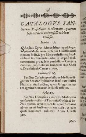 Catalogus Sanctorum Profeßione Medicorum, quorum festivitatem universalis celebrat Ecclesia.