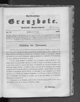 Norddeutscher Grenzbote. Politische Wochenschrift. No. 57 1862.