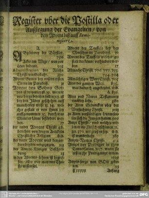 Register uber die Postilla oder Außlegung der Evangelien, von dem Advent biß auff Remiscere