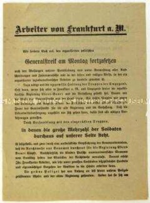 Aufruf der Frankfurter SPD zur Weiterführung des Generalstreiks gegen den Lüttwitz-Kapp-Putsch