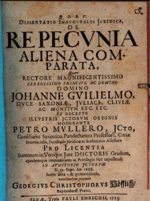 Dissertatio Inauguralis Juridica, De Re Pecunia Aliena Comparata