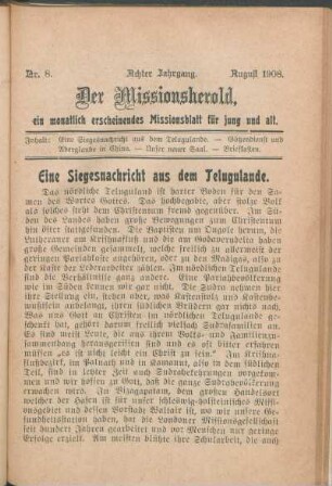 Nr. 8. Achter Jahrgang. August 1908.