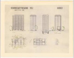 Wohnhausgruppe im sozialen Wohnungsbau Schinkelwettbewerb 1954: 3 Ansichten, Schnitt, Grundriss EG und OG 1:200