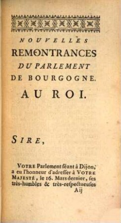 Nouvelles Remontrances Du Parlement De Bourgogne Au Roi