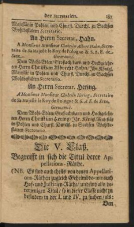 Die V. Claß. Begreifft in sich die Titul derer Appellations-Räthe