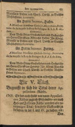 Die V. Claß. Begreifft in sich die Titul derer Appellations-Räthe
