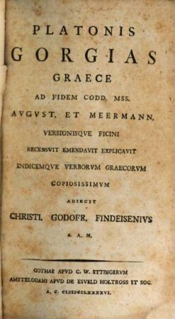 Platonis Gorgias : Graece Ad Fidem Codd. Mss. August. Et Meermann