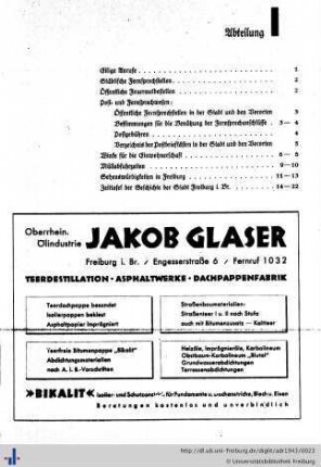 Abteilung I. Eilige Anrufe, städtische Fernsprechstellen, Feuermeldestellen, Post- und Fernsprechwesen, Winke für die Einwohnerschaft, Müllabfuhrzeiten, Sehenswürdigkeiten, Zeittafel der Stadt Freiburg i.Br.