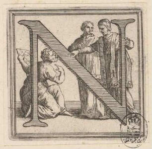 Initiale N (Ein Kniender präsentiert einem Geistlichen einen Plan), aus: Clementis Undecimi Pont. Max. Bullarium, 2 Bde., Rom 1723