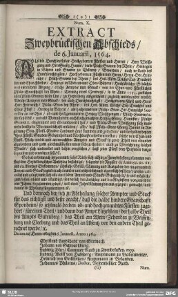 Num. X. Extract Zweybrückischen Abschieds, de 6. Januarii, 1564