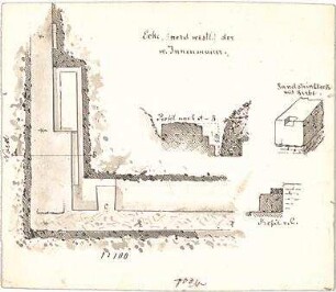 Thiersch, August ; Kempten / Allgäu (Bayern); Forum Cambodunum, Bauaufnahmen - Innenmauer West, Ecke Nordwest (Teilgrundriss), Profile (Schnitte), Sandsteinblock mit Kerbe (Perspektive)