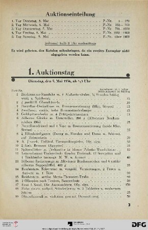 1. Auktionstag: Dienstag, den 5. Mai 1936, ab ½ 3 Uhr (Nr. 1-350)