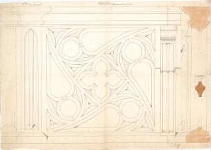 Leimbach, Karl; Palling; Pfarrkirche - Kommunion - Bank (Detail, Schnitt, Querschnitt); Maßwerk - Profil an den Türen (Schnitt)