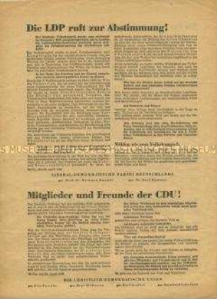 Flugblatt mit Erklärungen und Aufrufen der LDPD, CDU und des Deutschen Volksrates zu den Wahlen zum 3. Deutschen Volkskongress