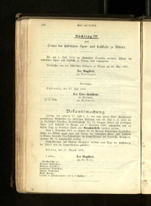Nachtrag III zum Statut der städtischen Spar- und Leihkasse zu Altona.