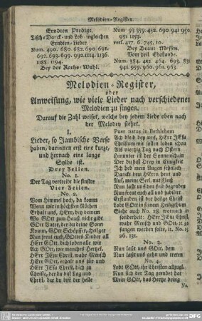 Melodien-Register, oder Anweisung, wie viele Lieder nach verschiedenen Melodien zu singen
